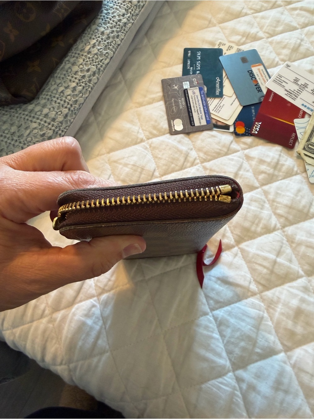 Louis Vuitton Brown Damier Zip Around Wallet with Red Pull - Picture 7 of 10